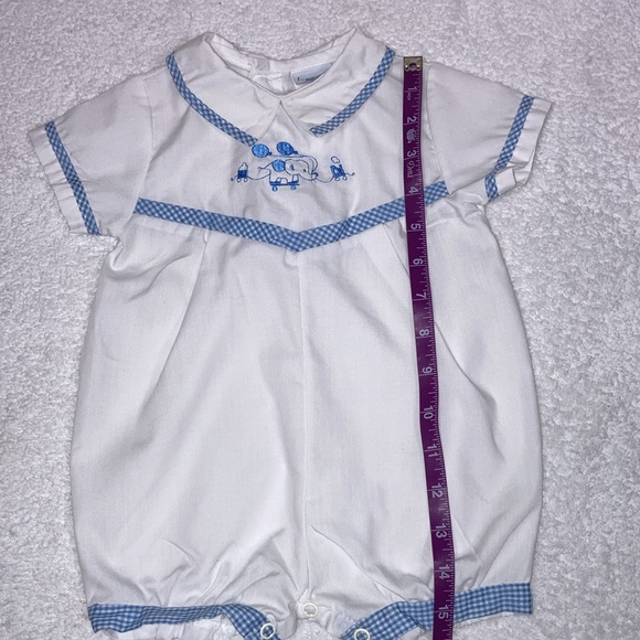 Vintage Alexis circus train baby boy bubble blue gingham trim 9m - Picture 3 of 7
